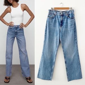 ZARA Wide High Leg Full Length Raw Hem High Waisted Jeans Blue Size 10 NWT